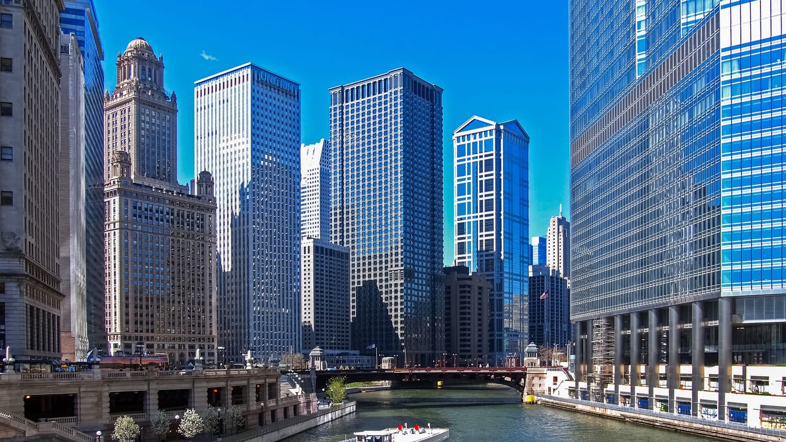 The Chicago River running between the city's downtown towers